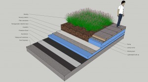 Sketch showing the different layers of build-up on a typical intensive roof.