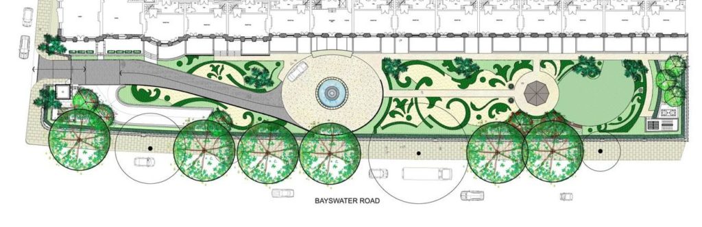 The final plan. The free form shapes of the Buxus hedge swirl down the length of the terrace.