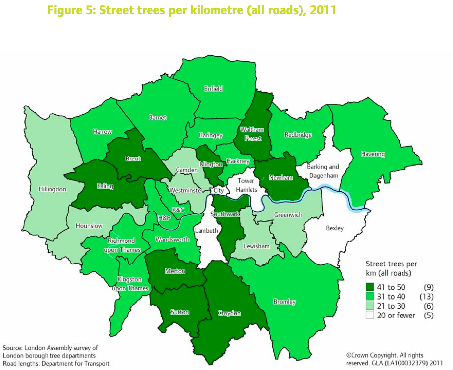 street trees per km London