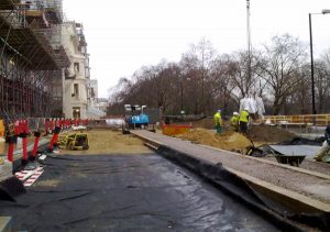 Another construction shot. Path with type 3 in the centre, black geotex over type 3 in the foreground, washed sand (buff) subsoil in the background and rootzone (brown) over on the right.