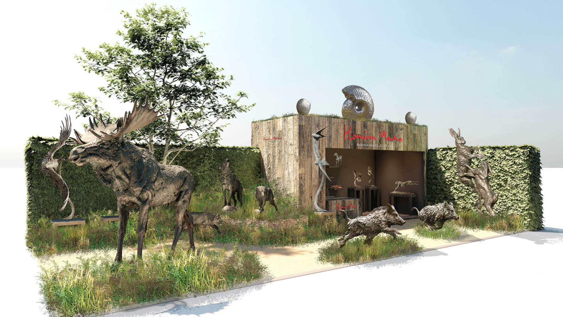 Hamish Mackie Sculpture's Chelsea Flower Show 2024 Stand Design Visual By Bowles & Wyer