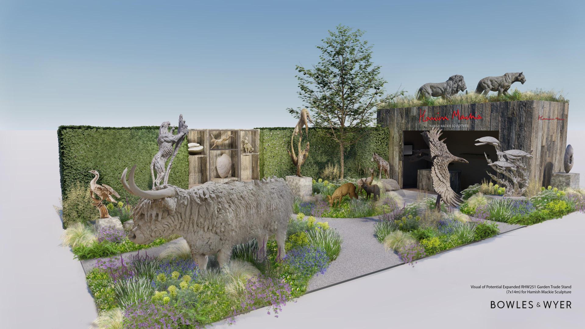 visual concept drawing of a Hamish Mackie chelsea flower show stand built by bowles & wyer